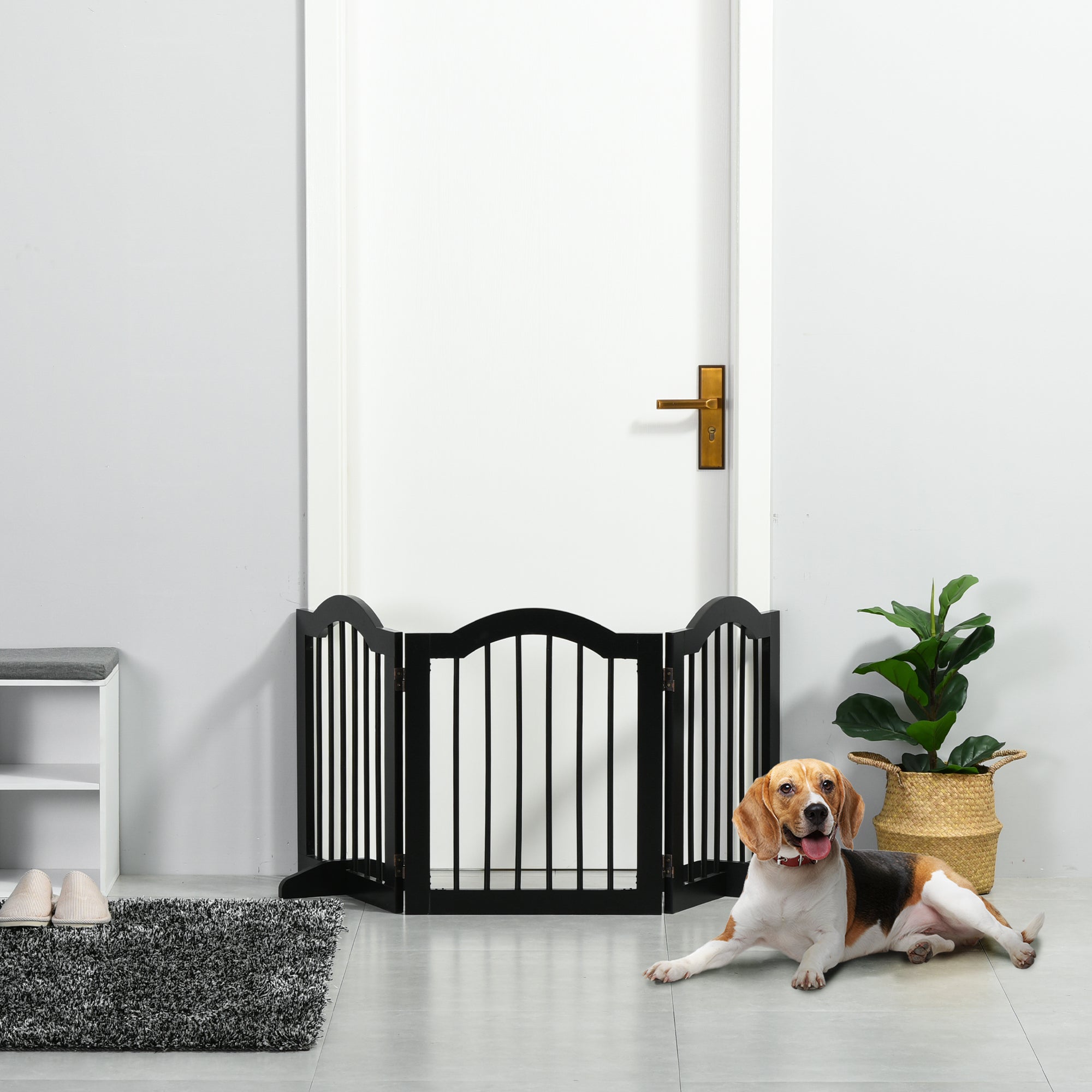 Barrière de sécurité chien barrière modulable pliable pour animaux de compagnie avec pied de support MDF bois massif 154,5 x 61 cm noir
