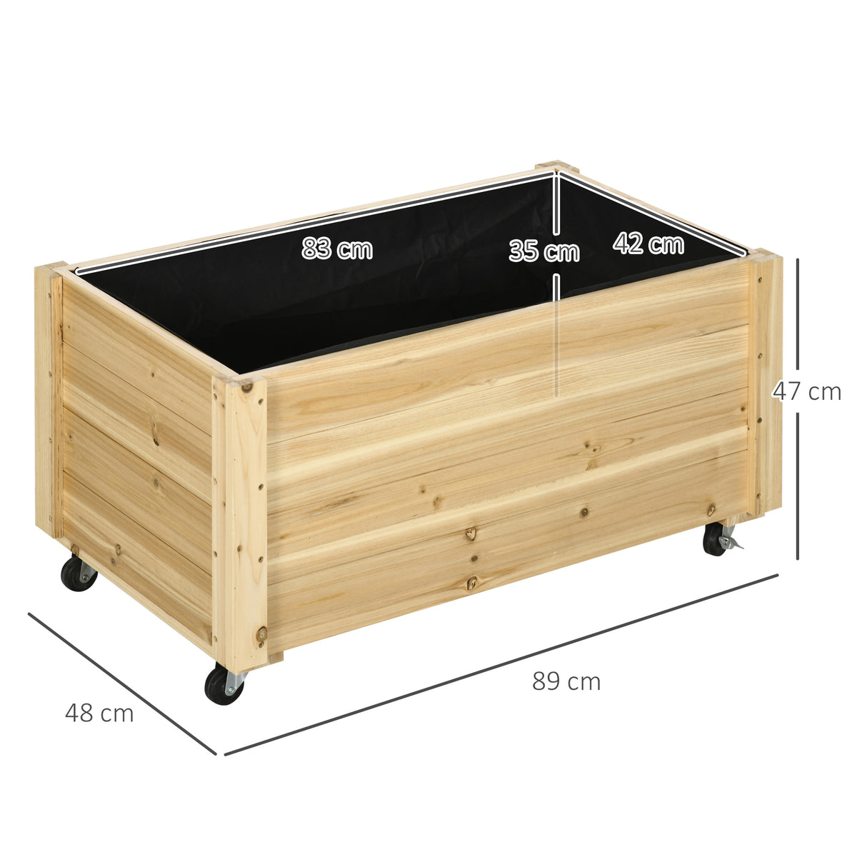 Jardinière de jardin surélevée bac à fleurs roues en bois de sapin dim. 89L x 48l x 47H cm bois naturel