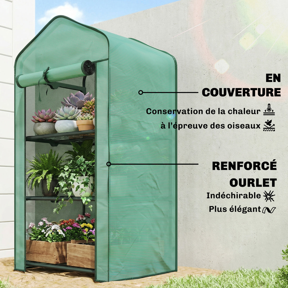 Serre de jardin avec étagères 3 niveaux, serre de balcon, bâche renforcée PE, châssis en acier, 59 x 39 x 127 cm, vert