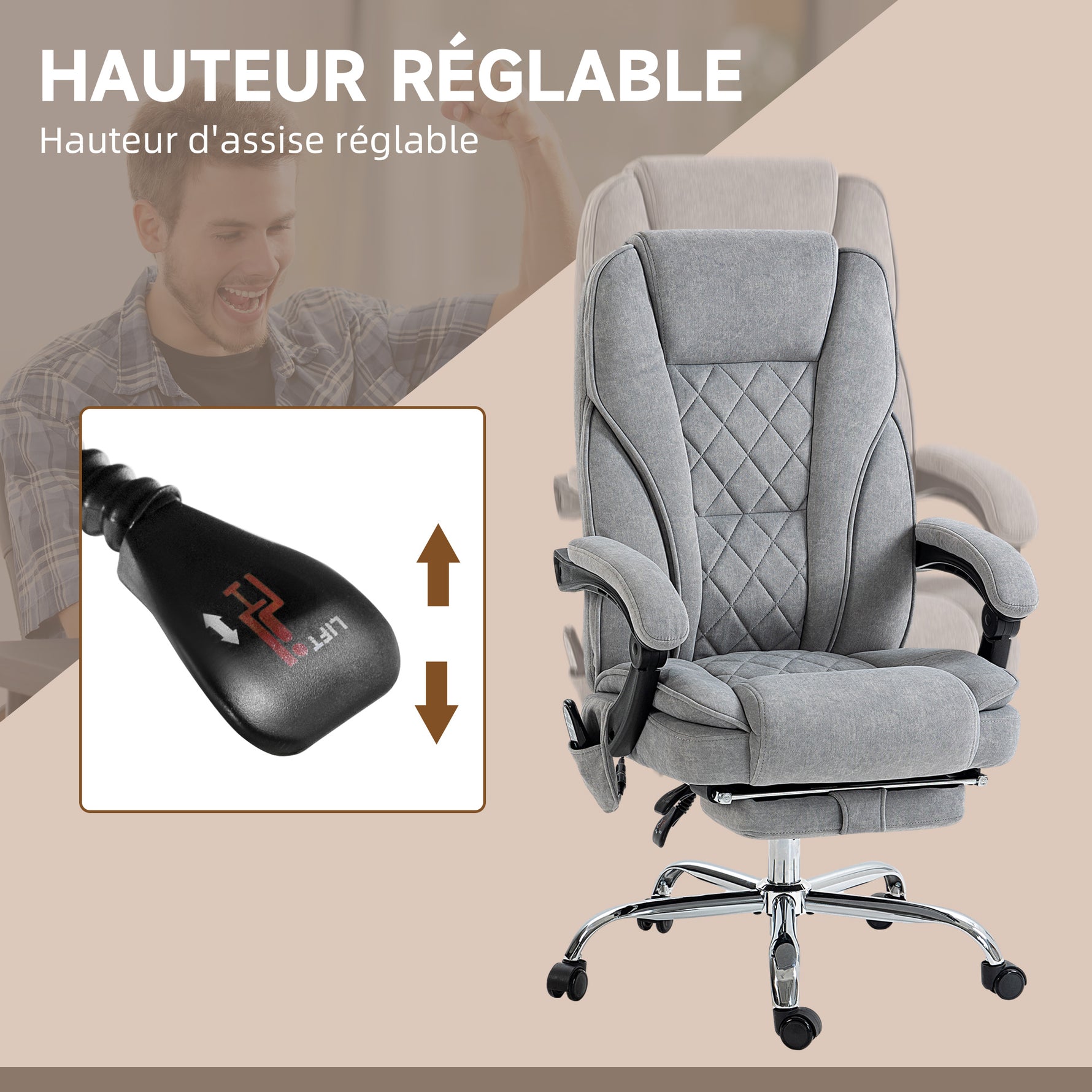 Fauteuil de bureau massant et chauffant hauteur réglable dossier inclinable télécommande repose-pieds rétractable gris