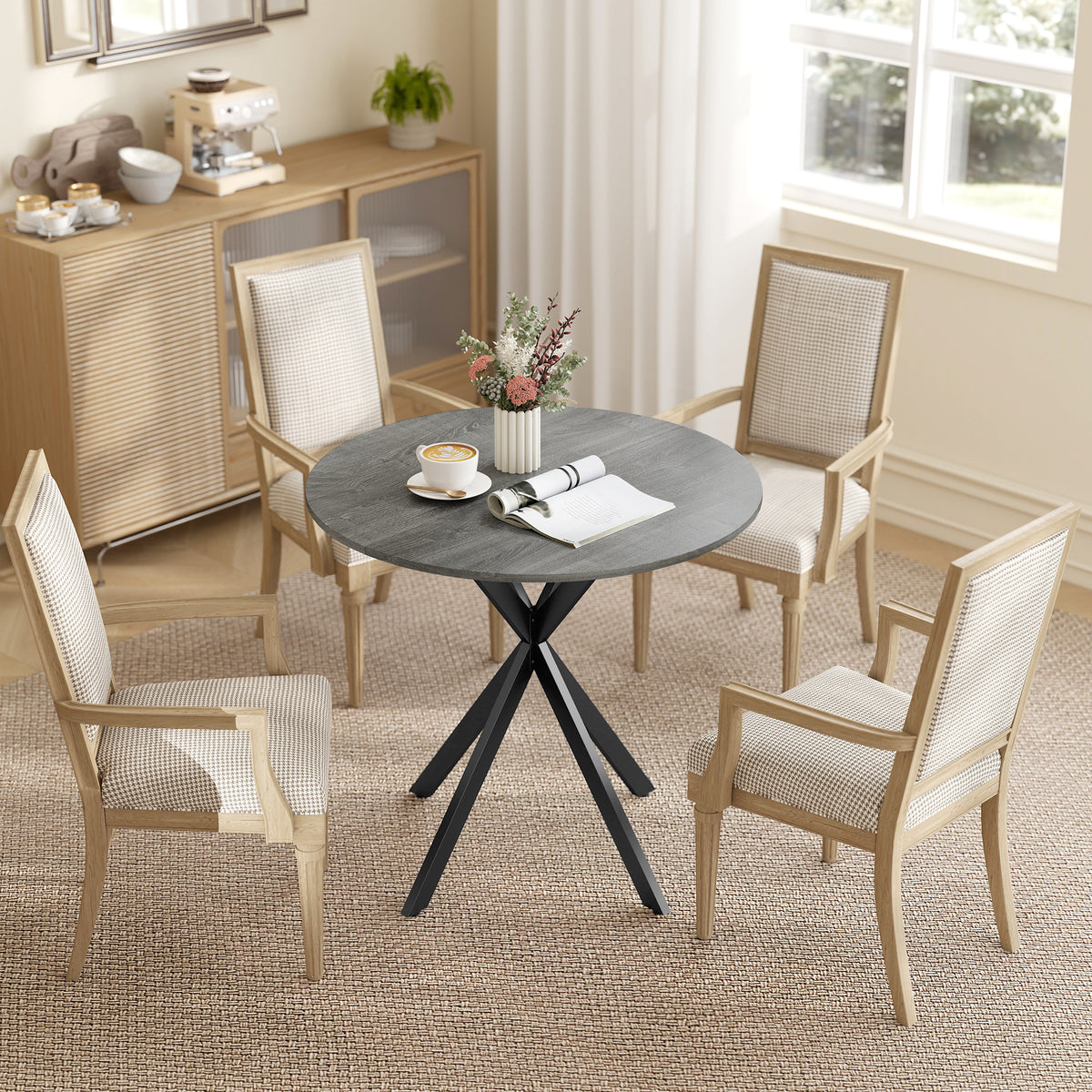 Table à Manger Ronde pour 2 Personnes avec Plateau Aspect Bois et Piètement Croisé en Acier, Gris