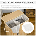 Panier à linge en bambou avec couvercle et poignées capacité 90 litres avec 2 sections et un sac amovible en tissu - 54,2 x 35,2 x 59,5 cm