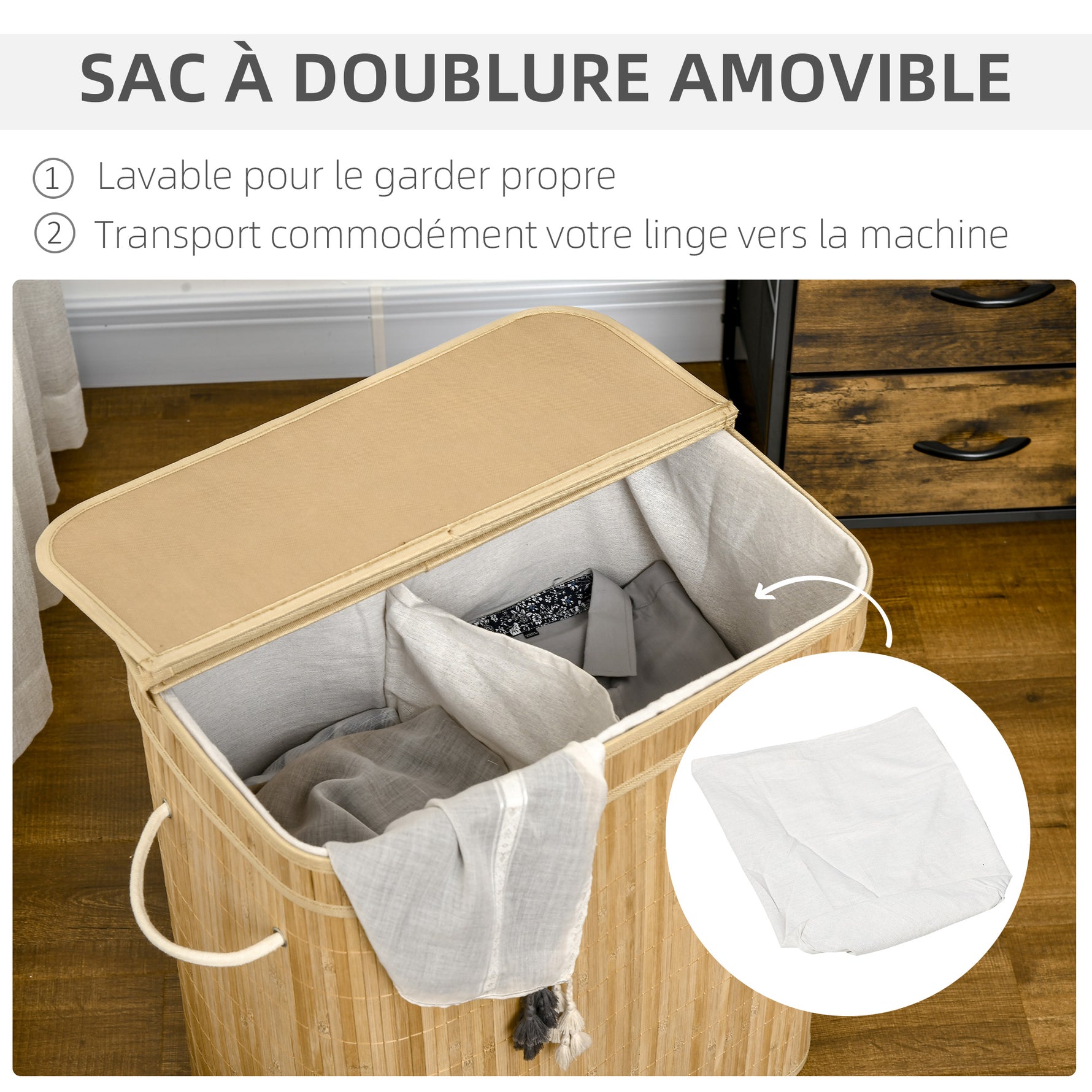 Panier à linge en bambou avec couvercle et poignées capacité 90 litres avec 2 sections et un sac amovible en tissu - 54,2 x 35,2 x 59,5 cm