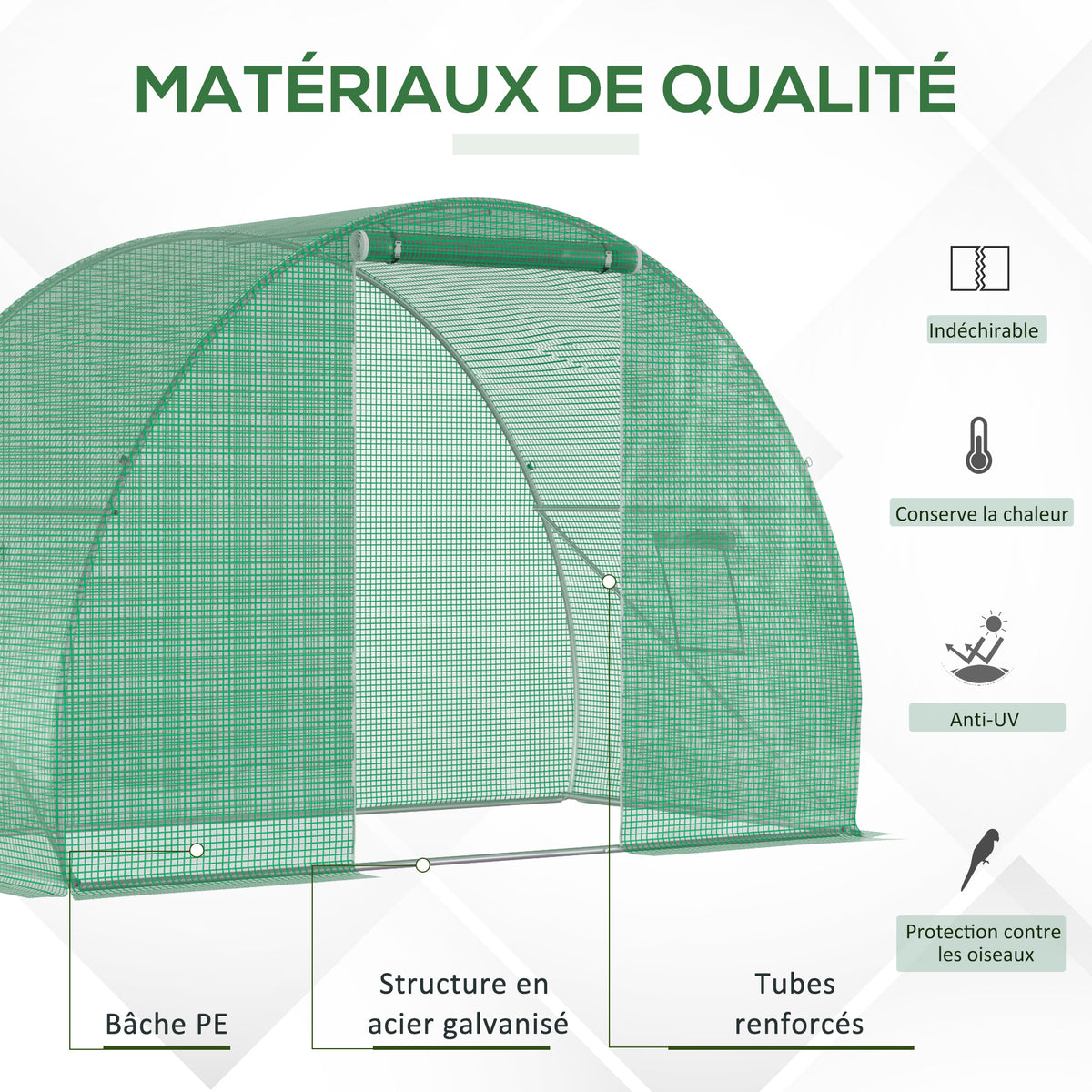 Serre de Jardin Tunnel serre d'hivernage Surface Sol 4,5 m² dim. 3L x 1,5l x 2H m châssis Tubulaire renforcé Porte zippée 2 fenêtres enroulables Vert