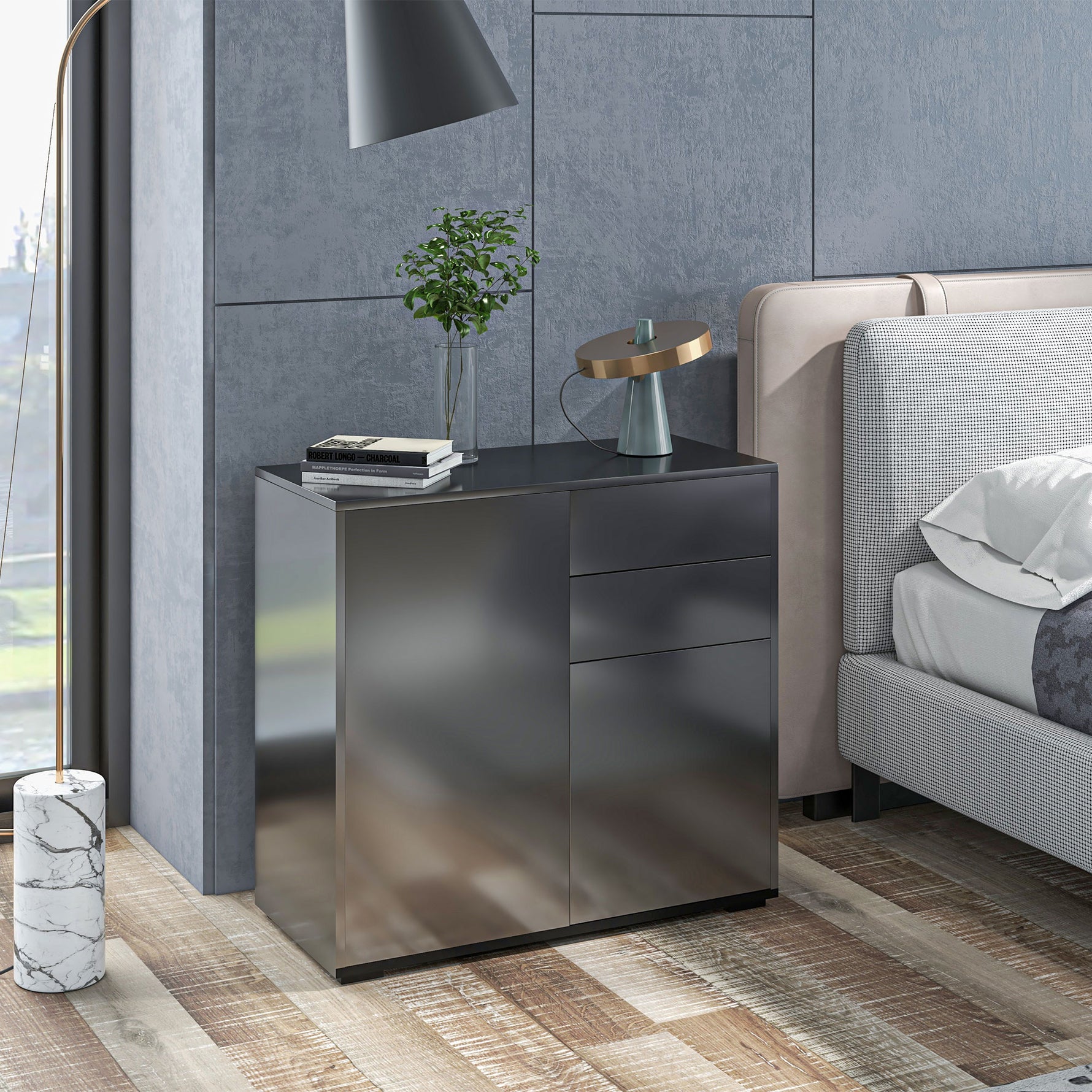 Commode Buffet Meuble de Rangement 2 tiroirs 2 Portes avec étagère 79 x 36 x 74 cm noir brillant