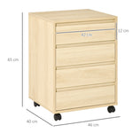 Caisson de Bureau, Rangement Bureau sur Roulettes, 4 Tiroirs Coulissants en Bois, Naturel
