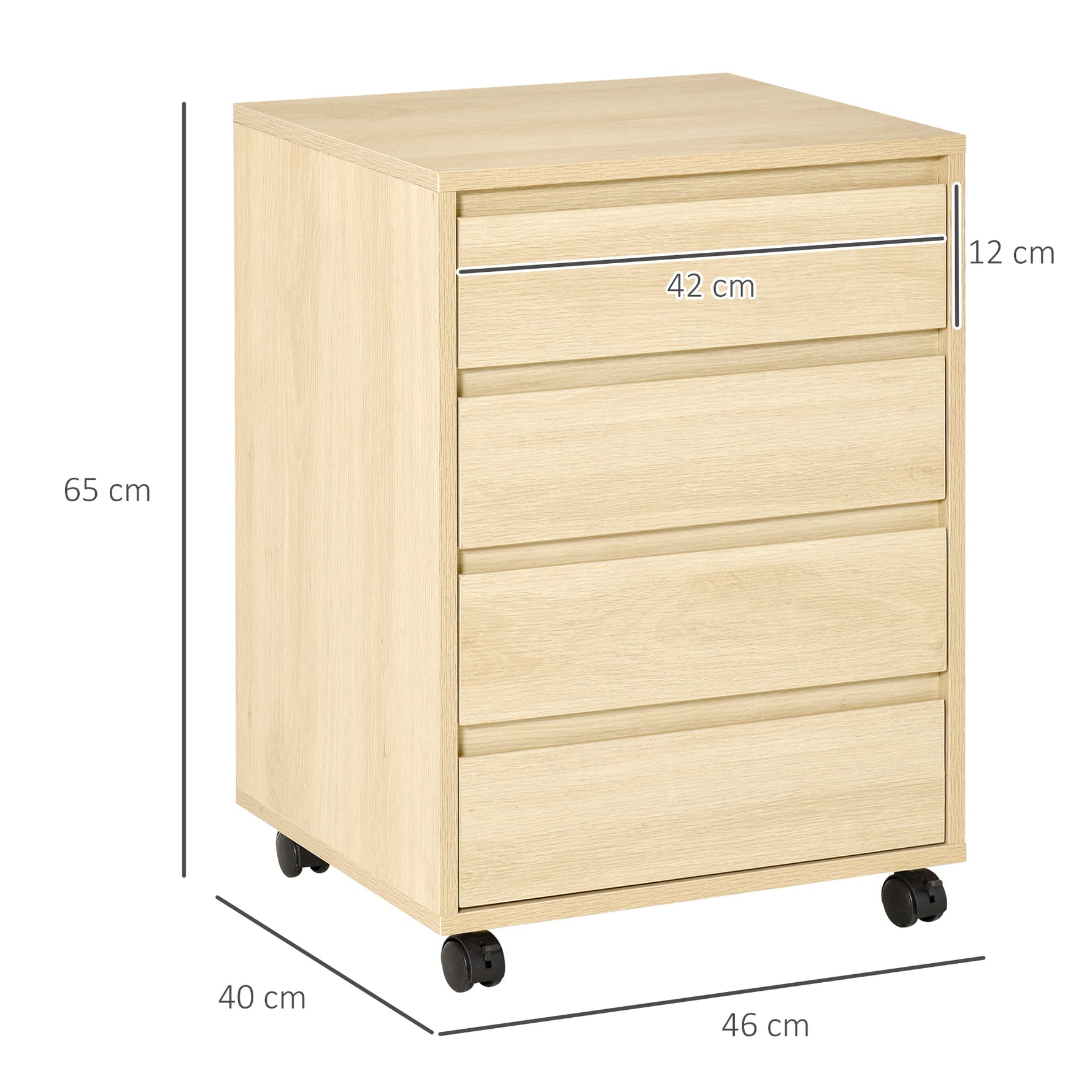 Caisson de Bureau, Rangement Bureau sur Roulettes, 4 Tiroirs Coulissants en Bois, Naturel