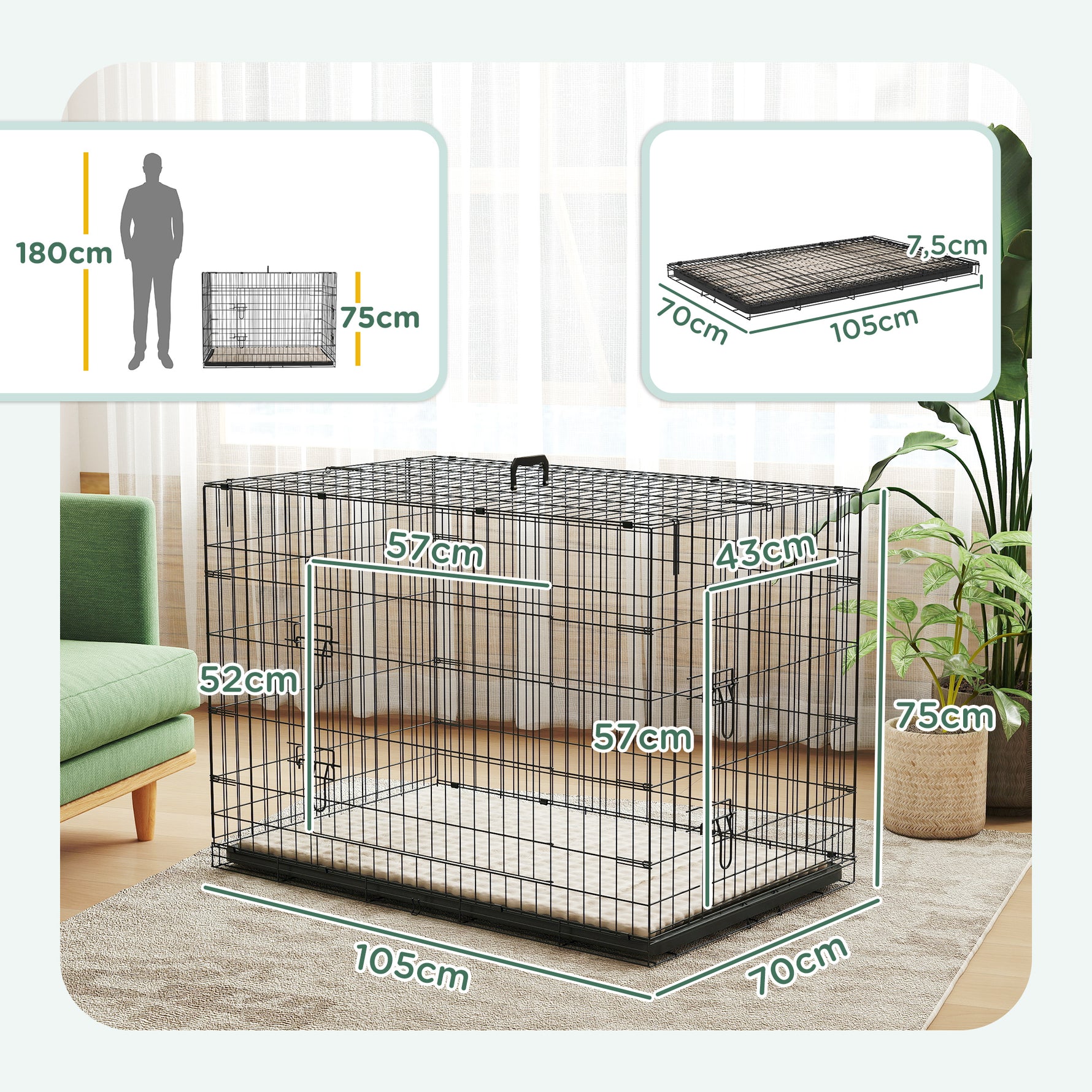 Cage caisse de transport pliante pour chien poignée, plateau amovible, coussin fourni 105 x 70 x 75 cm noir