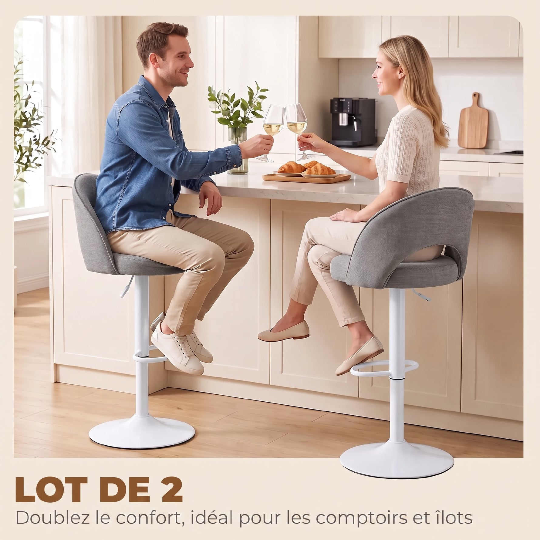 Lot de 2 Tabourets de Bar, Chaises de Bar Réglables en Hauteur, Assise Rembourrée en Chenille, Pivotant 360°, Gris