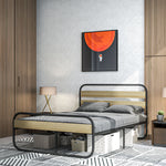 Lit double 140 x 190 cm, cadre de lit en acier style industriel, tête de lit et sommier inclus, aspect bois