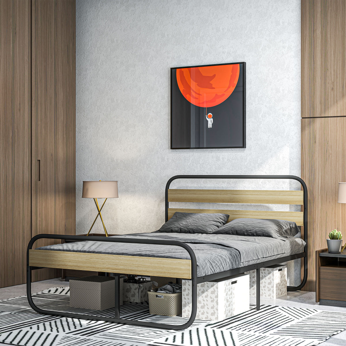 Lit double 140 x 190 cm, cadre de lit en acier style industriel, tête de lit et sommier inclus, aspect bois