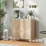 Dressoir, opbergmeubel met gecanneleerd design en blad met marmerlook, 2 lades, 2 deuren, verstelbare plank, 77x30x80 cm, eiken