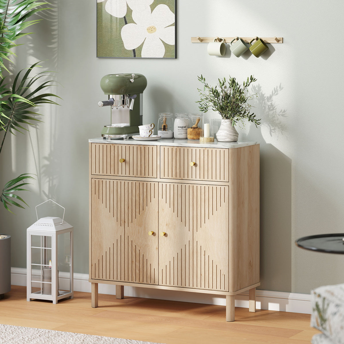 Dressoir, opbergmeubel met gecanneleerd design en blad met marmerlook, 2 lades, 2 deuren, verstelbare plank, 77x30x80 cm, eiken