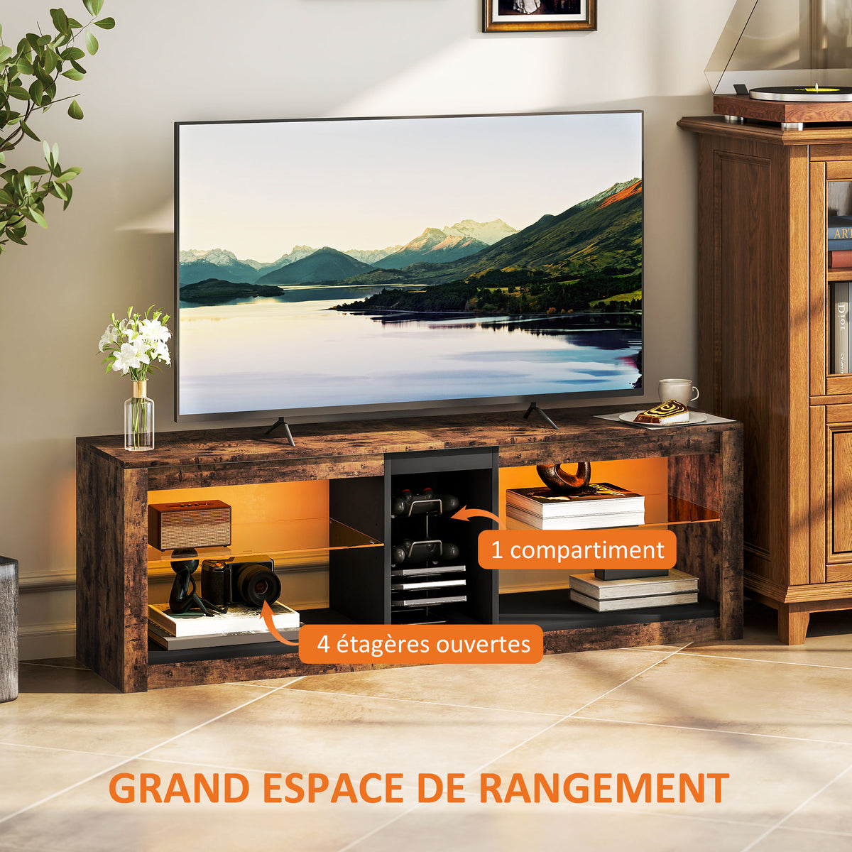 Meuble TV avec lumières LED et télécommande, étagères et compartiments ouvert, 140x35x47cm, marron