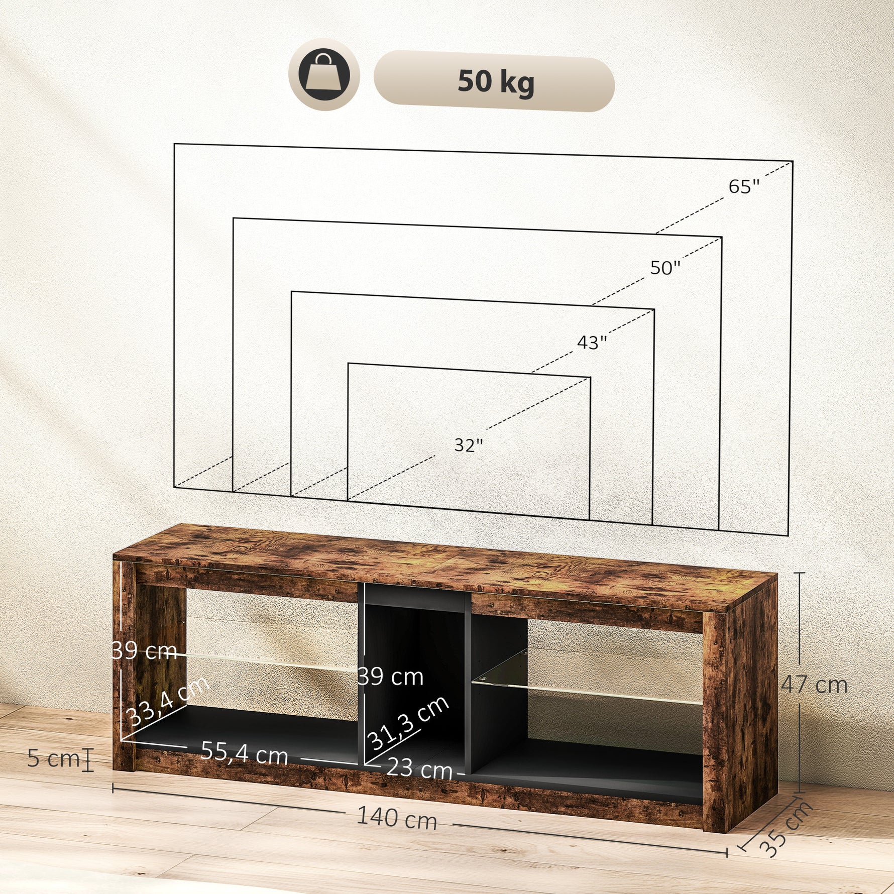 Meuble TV avec lumières LED et télécommande, étagères et compartiments ouvert, 140x35x47cm, marron