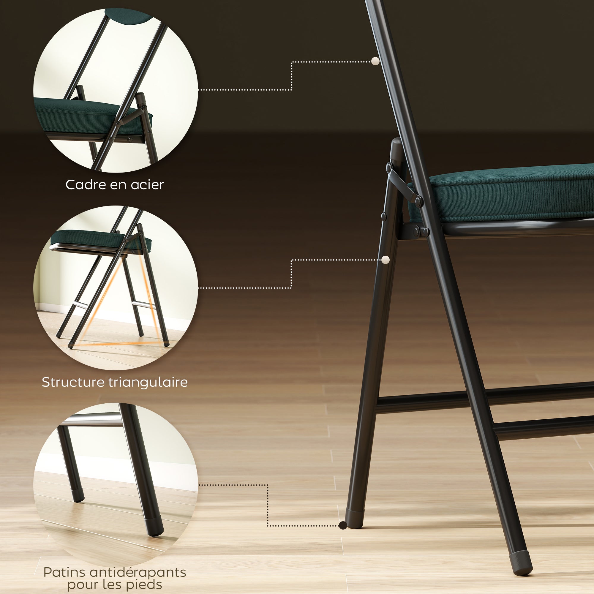 Lot de 4 chaises pliantes chaises de salle à manger portables avec assises et dossiers rembourrés en velours côtelé bleu