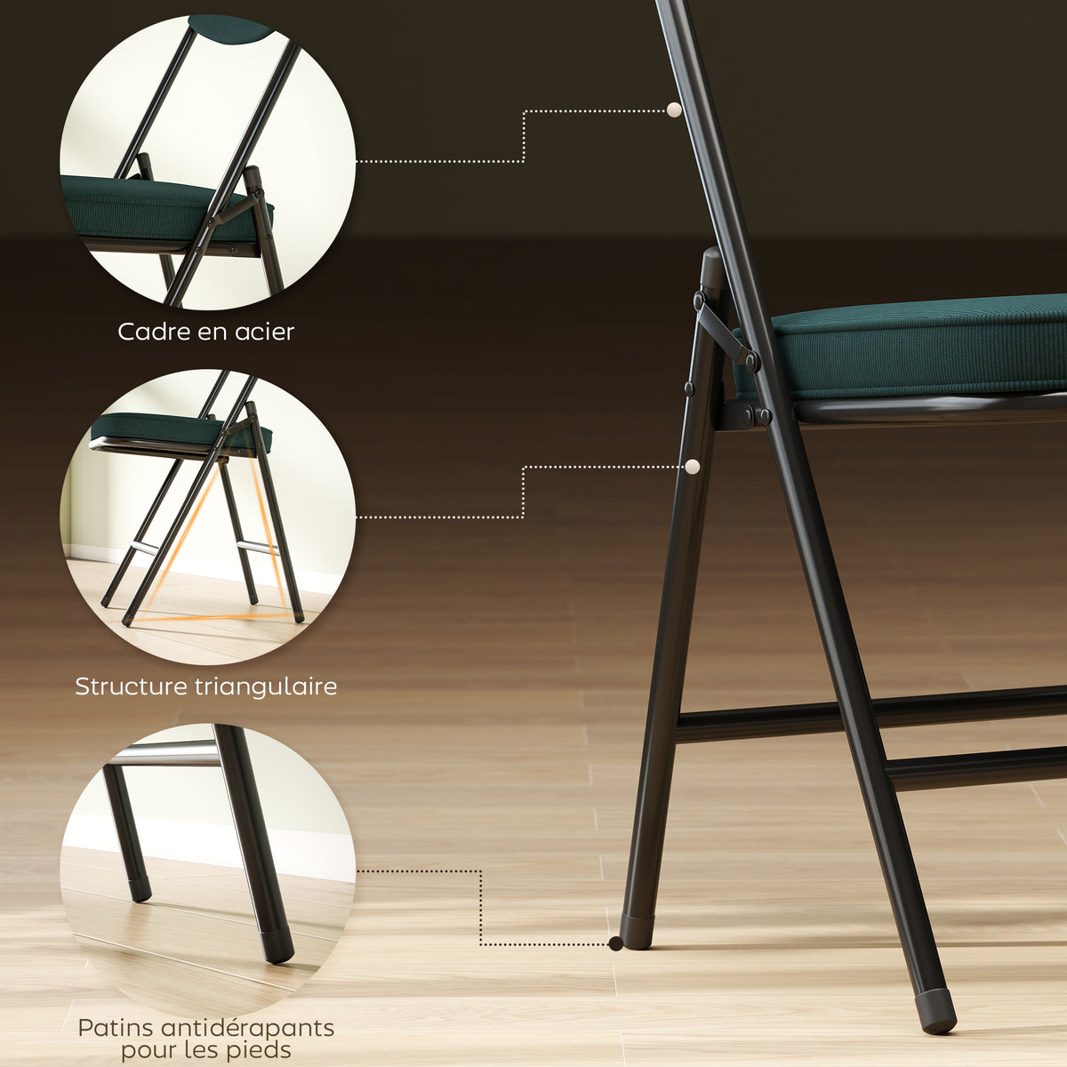 Lot de 4 chaises pliantes chaises de salle à manger portables avec assises et dossiers rembourrés en velours côtelé bleu