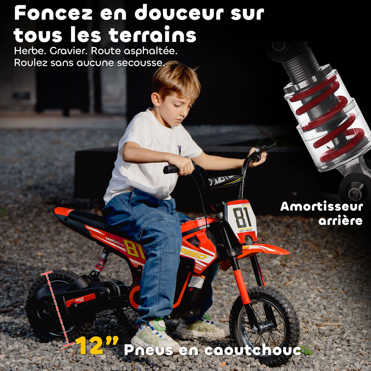 Moto électrique enfants 24V, moteur 250W, vitesse 6,4-16 km/h, pour enfants 8-12 ans, suspension arrière, rouge