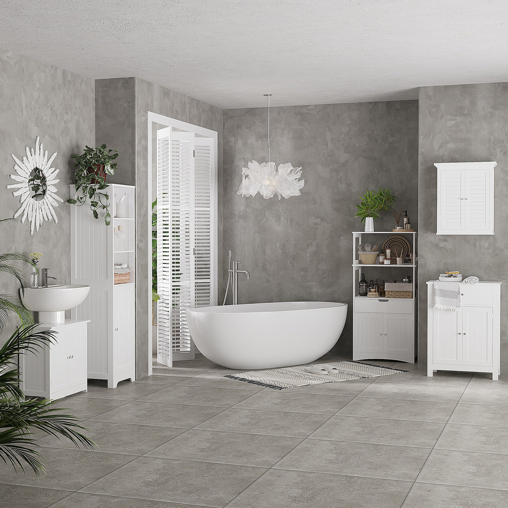 Meuble de Rangement Salle de Bain - 2 Portes, tiroir, 3 étagères - dim. 60L x 33l x 122H cm - MDF Blanc