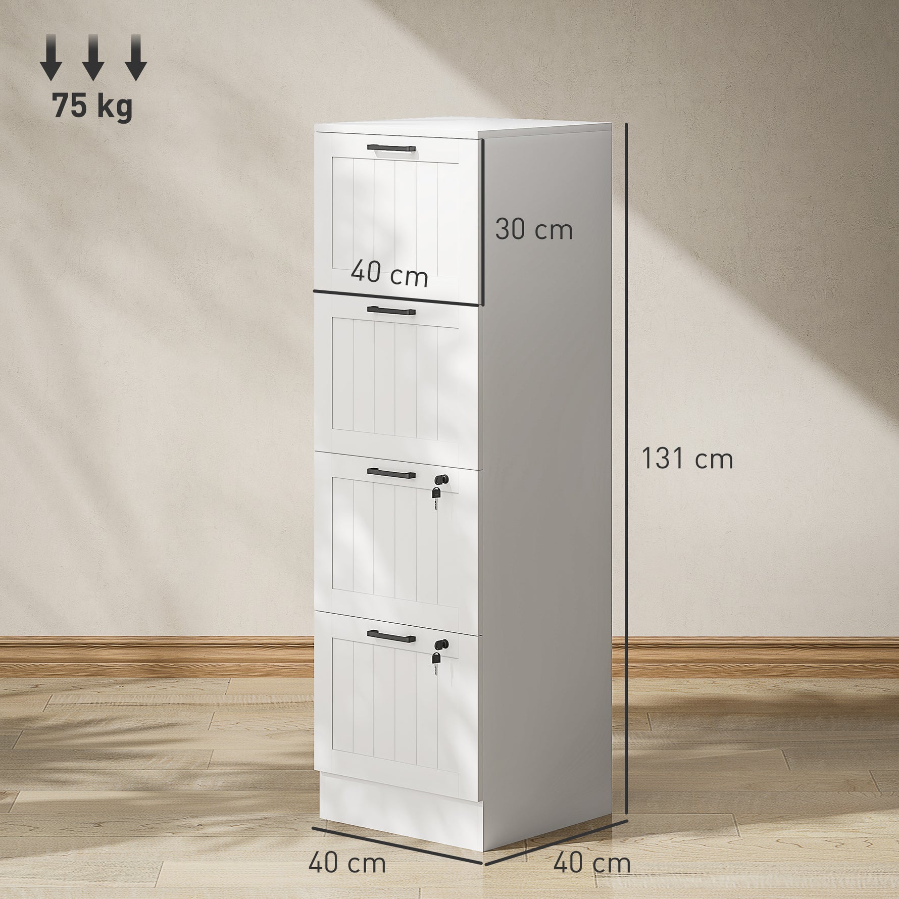 Caisson bureau, meuble rangement bois 4 tiroirs et serrure, barres de suspension réglables, 40 x 40 x 131 cm, blanc