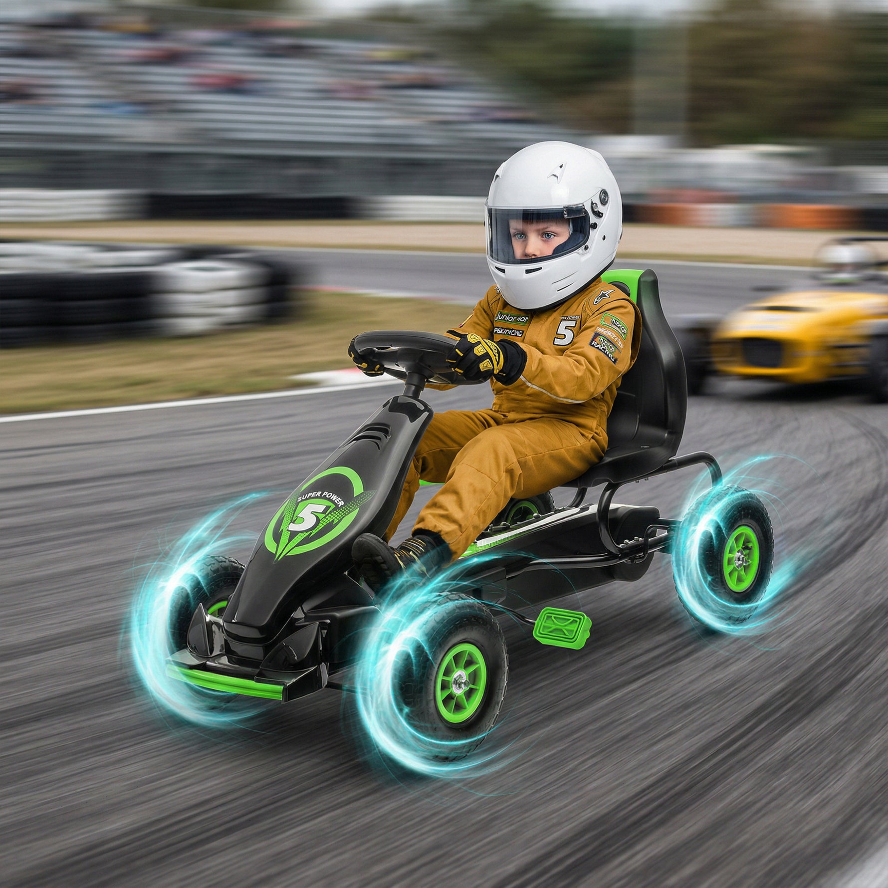 Kart à pédales pour enfant siège réglable 3 positions frein à main enfant de 5 à 12 ans vert noir