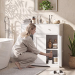 Meuble de Salle de Bain avec 1 Tiroir, 2 Portes, 3 Compartiments Ouverts, Style Scandinave, 80x30x80,2cm, Blanc