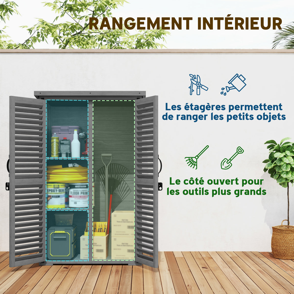 Armadio da giardino capanno per attrezzi in legno, 2 ripiani, tetto bitumato, porte a persiana, chiudibile a chiave, 75 x 50 x 118 cm, grigio