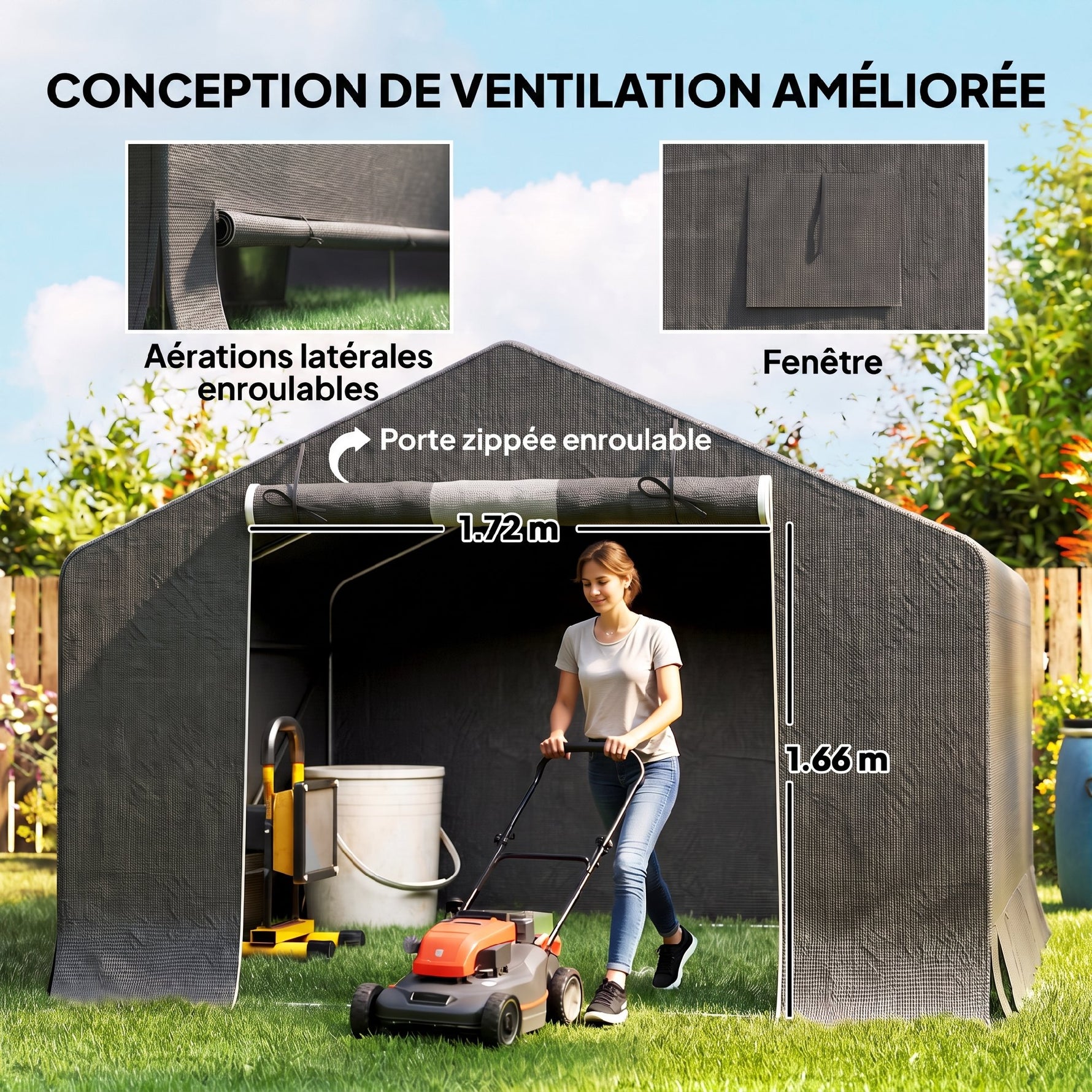 Abri de jardin tente de stockage imperméable abri moto porte enroulable fermeture éclair, 300 x 300 x 210 cm, gris foncé