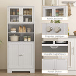 Buffet haut cuisine, armoire de cuisine, 4 portes, niches, étagères réglables, portes en verre, 60 x 30 x 145,5 cm blanc