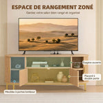 Meuble TV 140 cm avec 2 Prises et 2 Ports, Meuble Télé pour 84 Pouces, 2 Portes Battantes, 2 Portes Coulissantes, Chêne