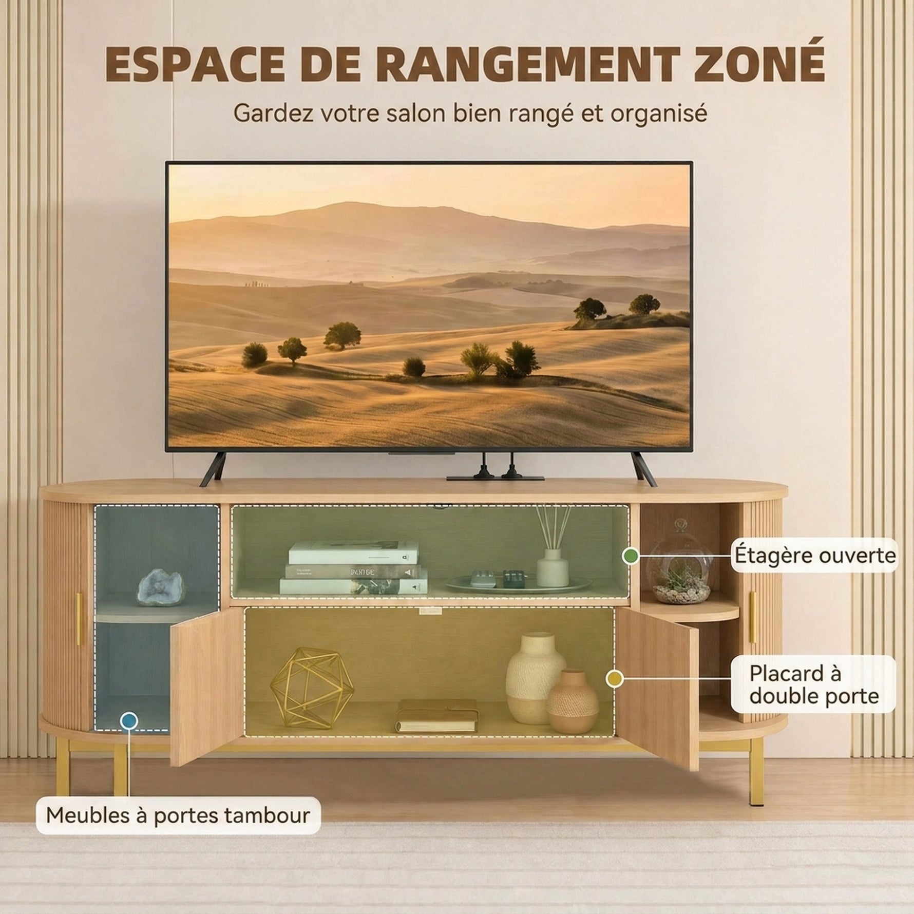 Meuble TV 140 cm avec 2 Prises et 2 Ports, Meuble Télé pour 84 Pouces, 2 Portes Battantes, 2 Portes Coulissantes, Chêne