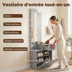 Ensemble meuble d'entrée avec meuble à chaussures abattant, vestiaire avec miroir, tiroir et plateau, gris