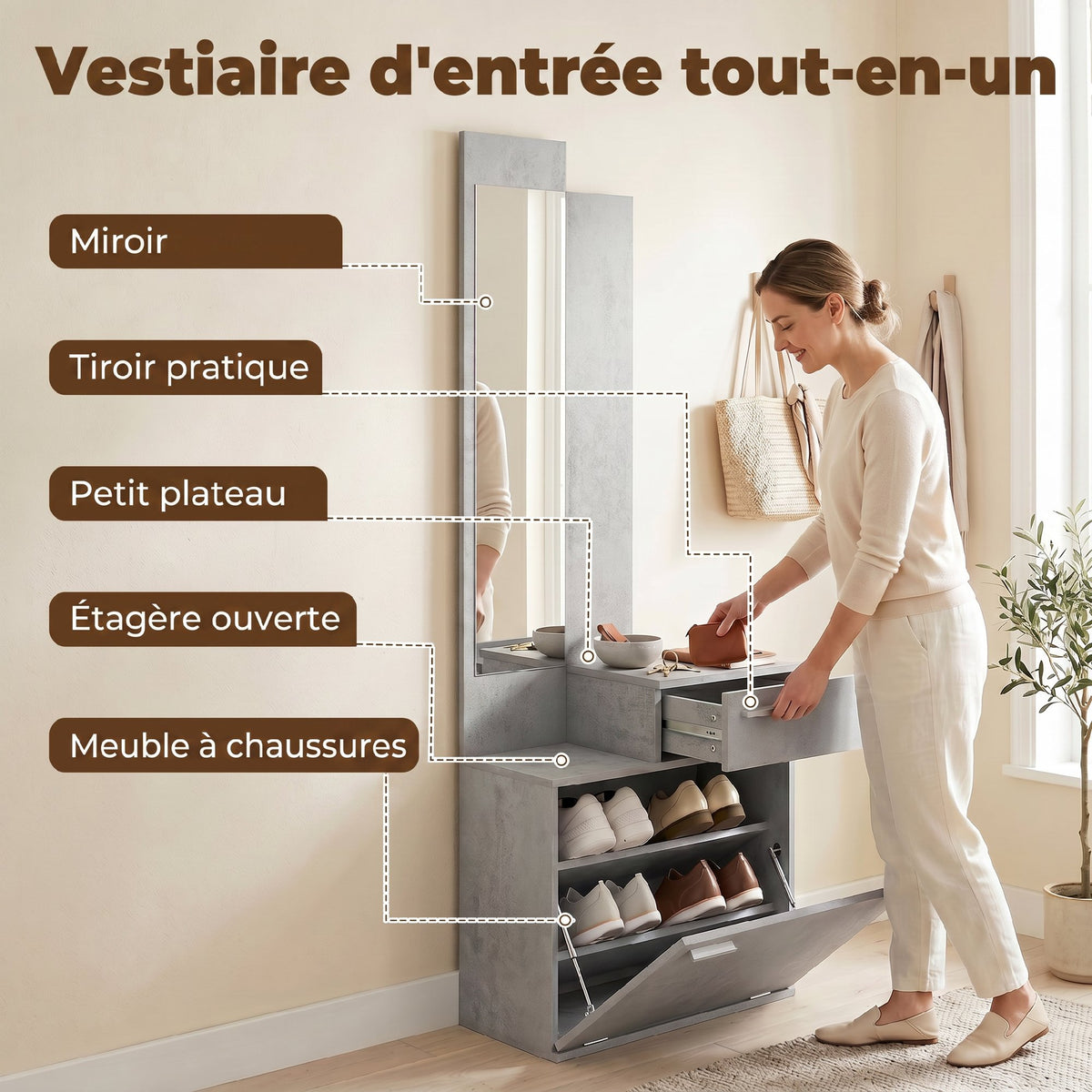 Ensemble meuble d'entrée avec meuble à chaussures abattant, vestiaire avec miroir, tiroir et plateau, gris