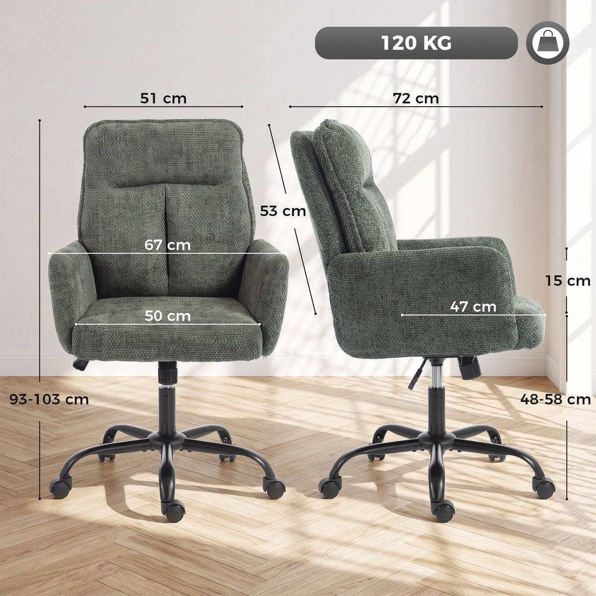Chaise Bureau Ergonomique, Fauteuil de Bureau avec Hauteur Réglable, Assise Large, Fonction Bascule, Vert Foncé