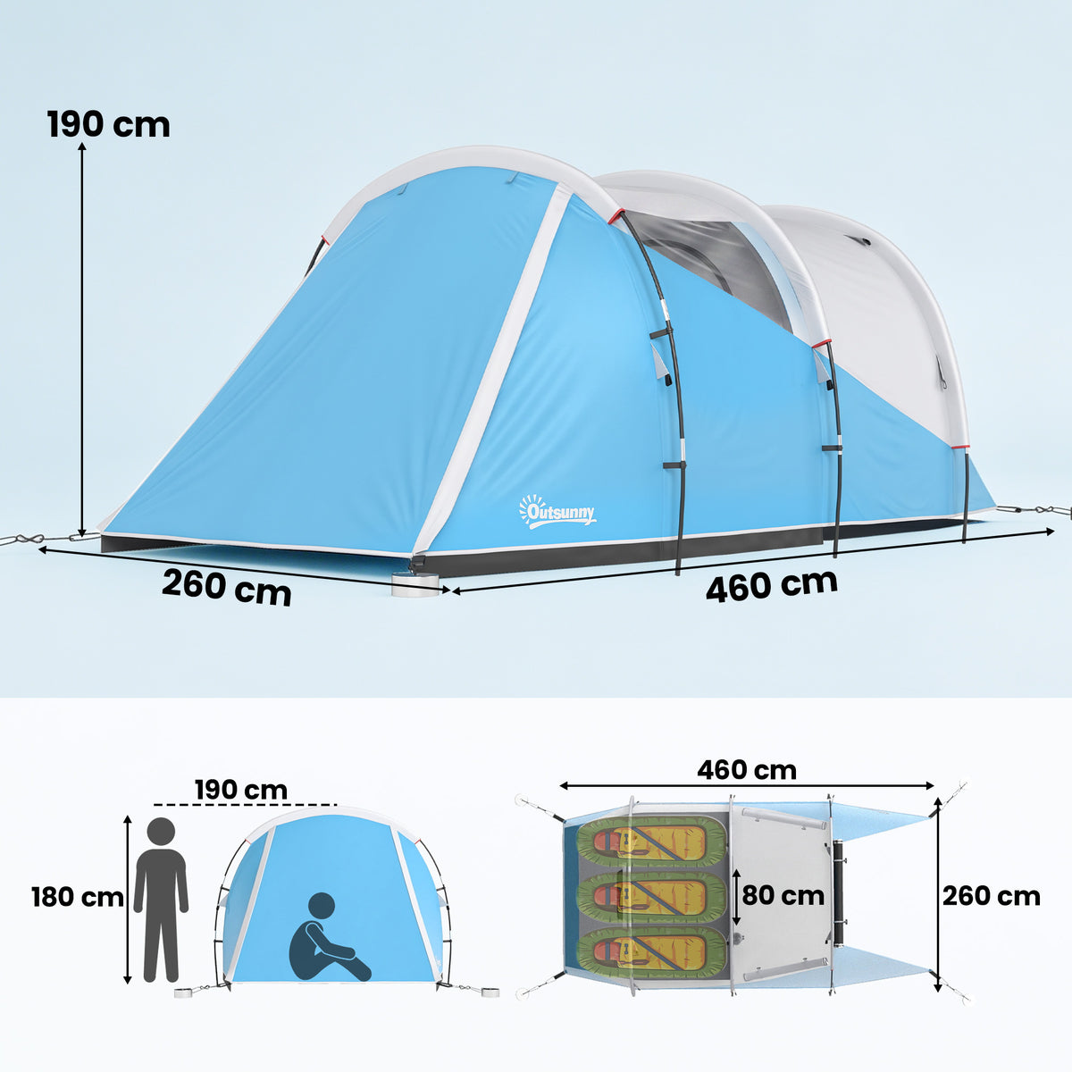Tente de camping familiale 3 personnes, tente tunnel imperméable, 2 portes fenêtres, ventilée 4,6 x 2,6 x 1,9 m, bleu