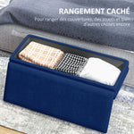 Banc banquette coffre de rangement 2 en 1 assise aspect velours et pieds acier - 100 x 37,5 x 42 cm bleu et doré