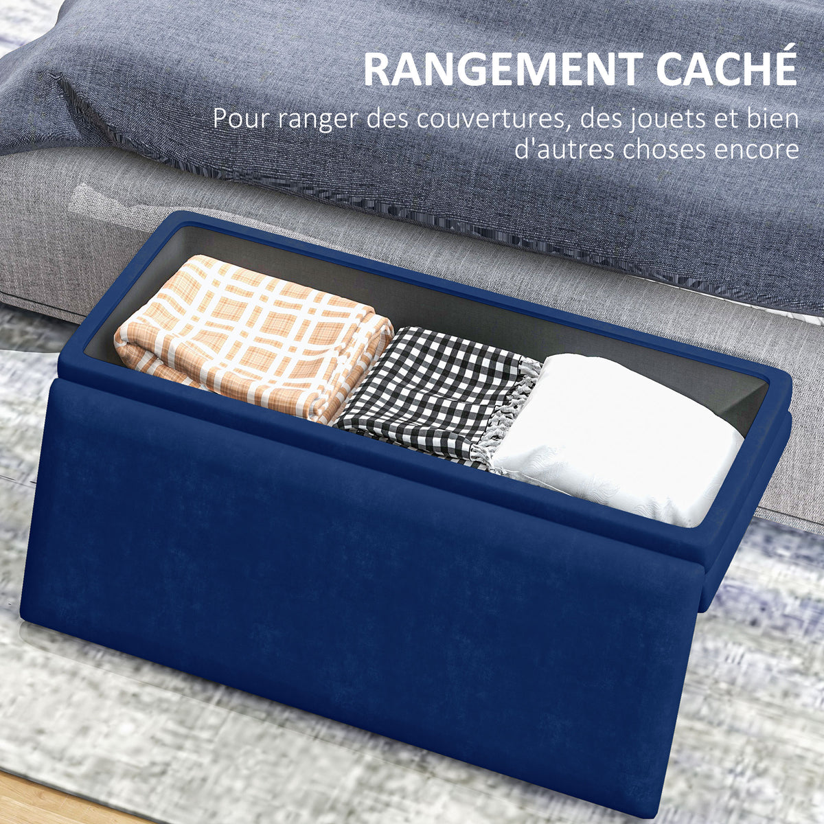 Banc banquette coffre de rangement 2 en 1 assise aspect velours et pieds acier - 100 x 37,5 x 42 cm bleu et doré