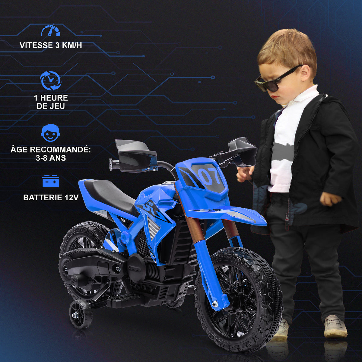 Moto da cross elettrica per bambini 3-8 anni, batteria 6V, 2 motori, clacson e rotelle, carico 30KG, blu