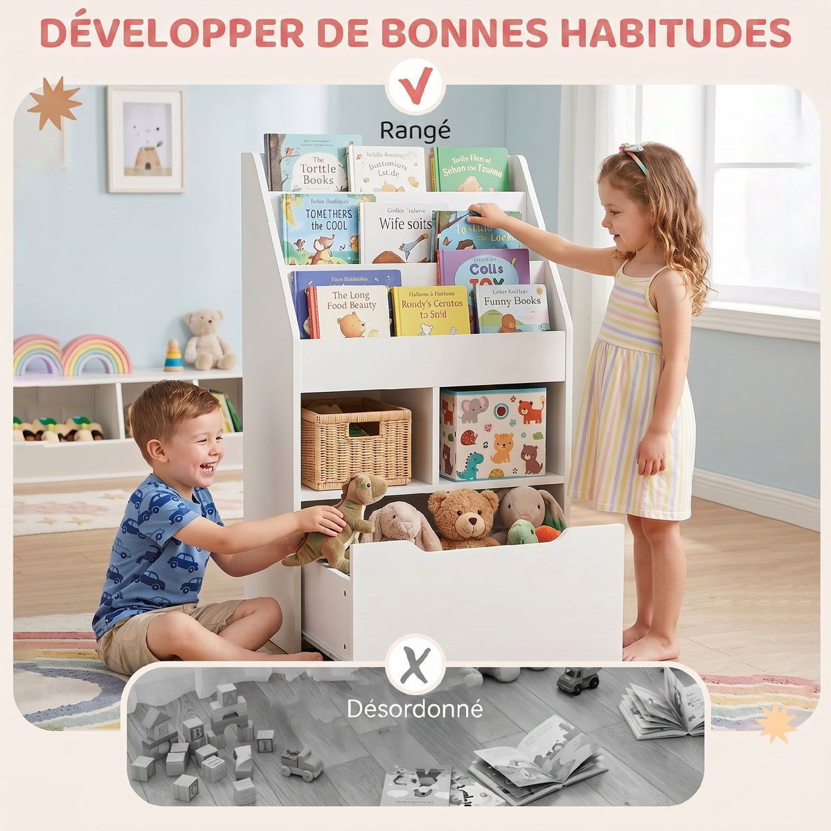 Boekenkast met opbergruimte, 3 planken, 2 nissen, grote lade, hout, wit