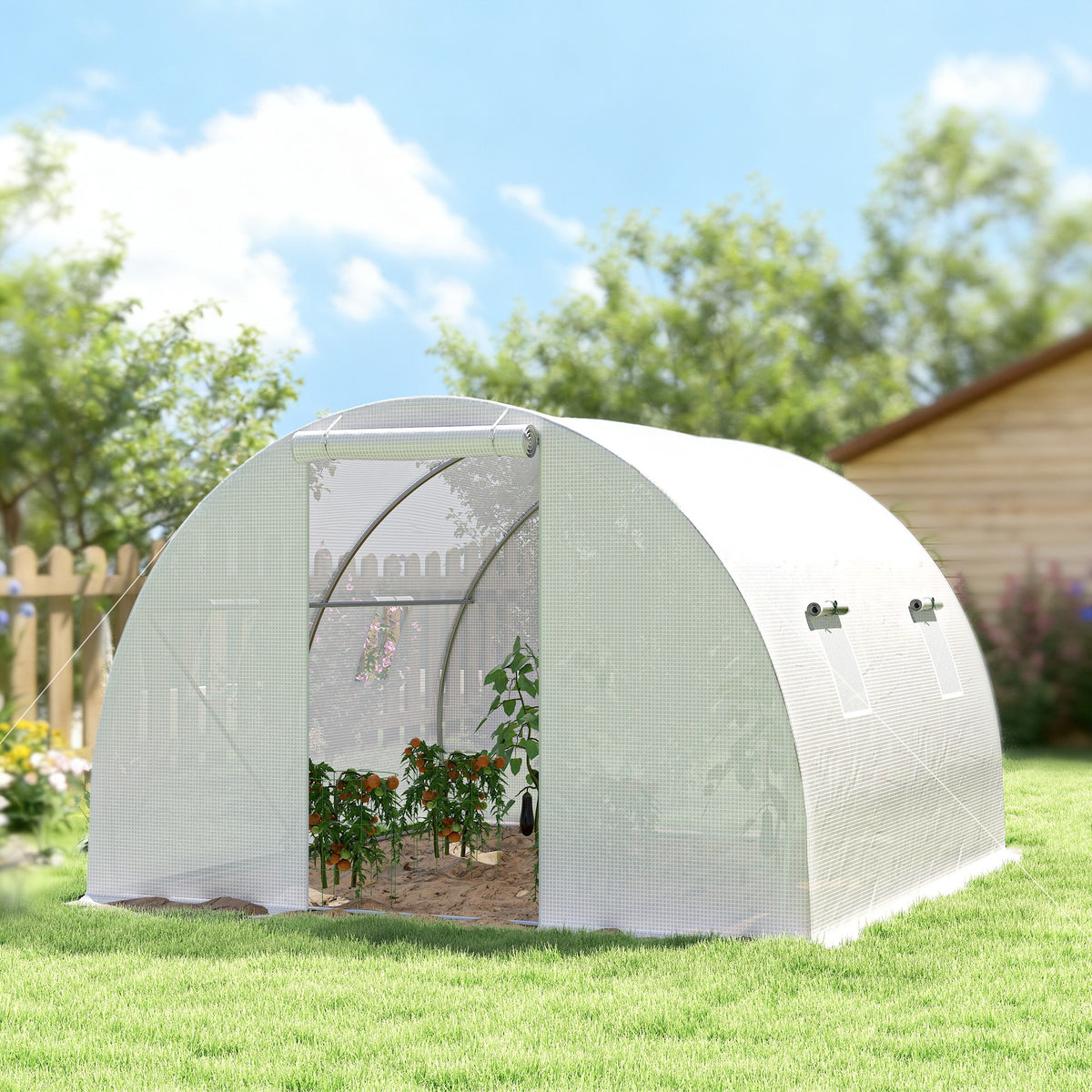 Serra da giardino a tunnel 9 m², 4 finestre, porta avvolgibile con cerniera, telaio in acciaio zincato, telo in PE 3 x 3 x 2 m bianco