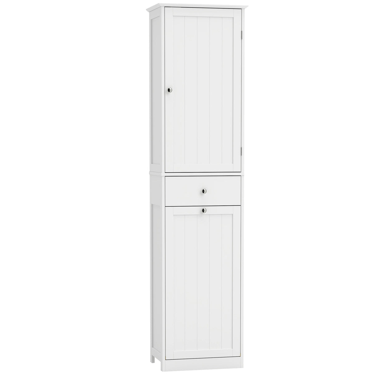Badezimmerschrank mit Schublade, Wäschekorb, verstellbarem Regal, moderner Stil, 45 x 30 x 180 cm, Weiß
