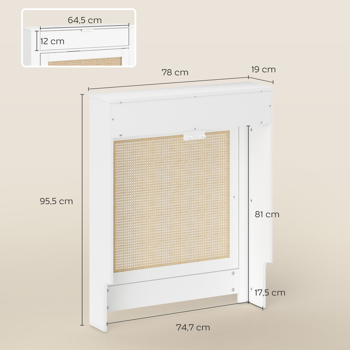 Heizkörperverkleidung mit Klappschrank und Rattantür, Holz-Heizkörperabdeckung mit Fach, Weiß