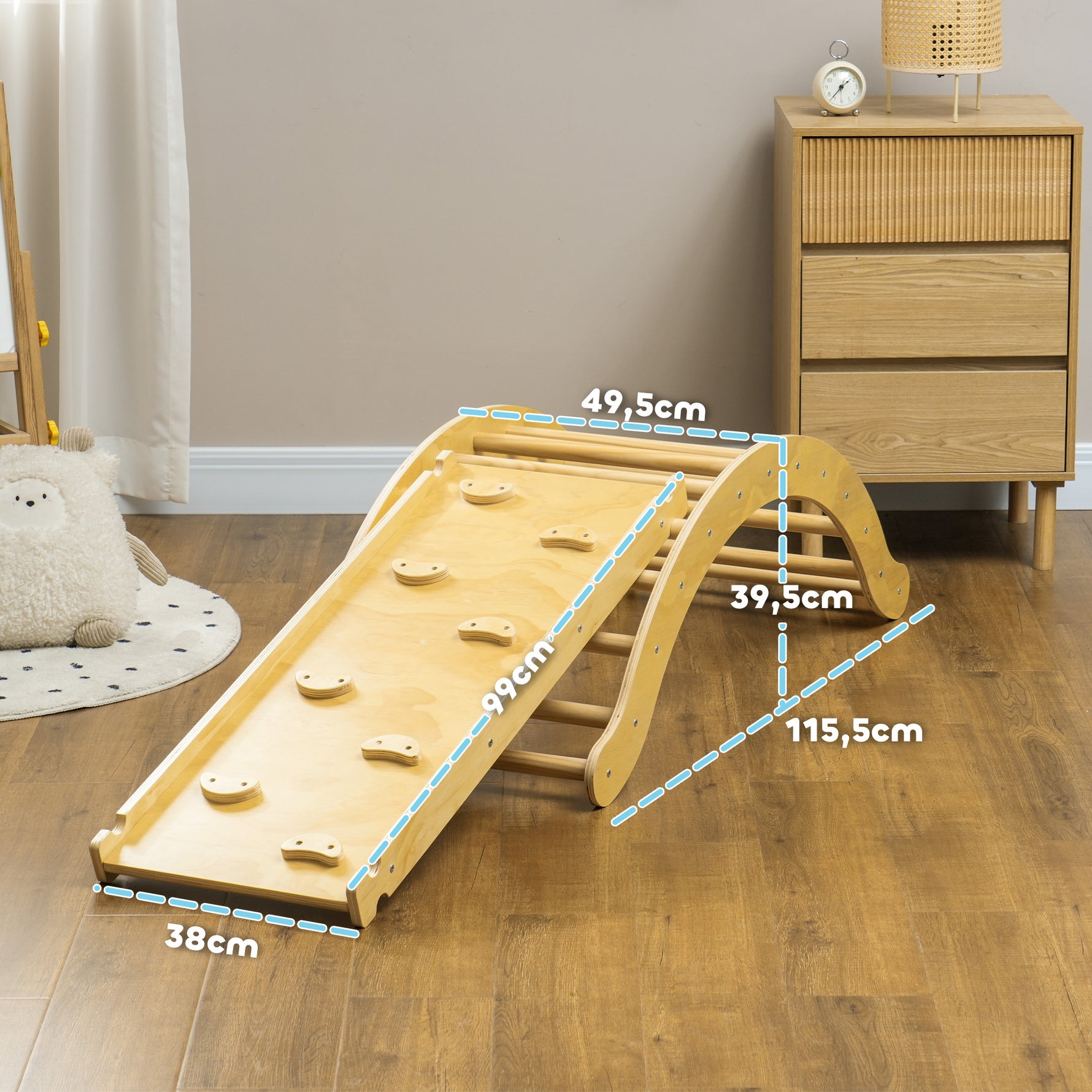 4 en 1 Arche escalade enfants, chaise à bascule, rampe d'escalade double face et coussin, 168x49,5x39,5cm, bois naturel