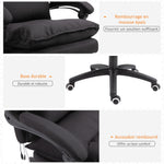 Fauteuil de bureau massant, chaise de bureau, chaise ergonomique avec hauteur réglable, dossier inclinable, repose-pied intégré et télécommande filaire, pivotant à 360°, toile de lin noir