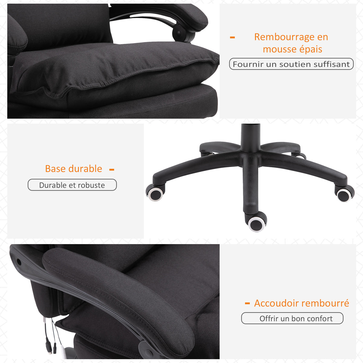 Fauteuil de bureau massant, chaise de bureau, chaise ergonomique avec hauteur réglable, dossier inclinable, repose-pied intégré et télécommande filaire, pivotant à 360°, toile de lin noir
