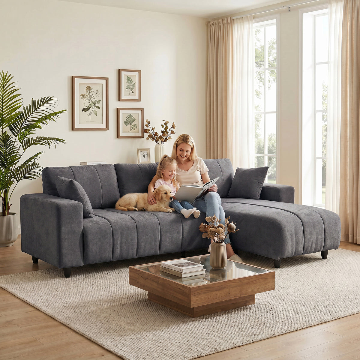 Canapé d'Angle Modulable 242 cm, Canapé 4 Places en L avec Méridienne Réversible, 2 Oreillers, Tissu Aspect Lin, Gris