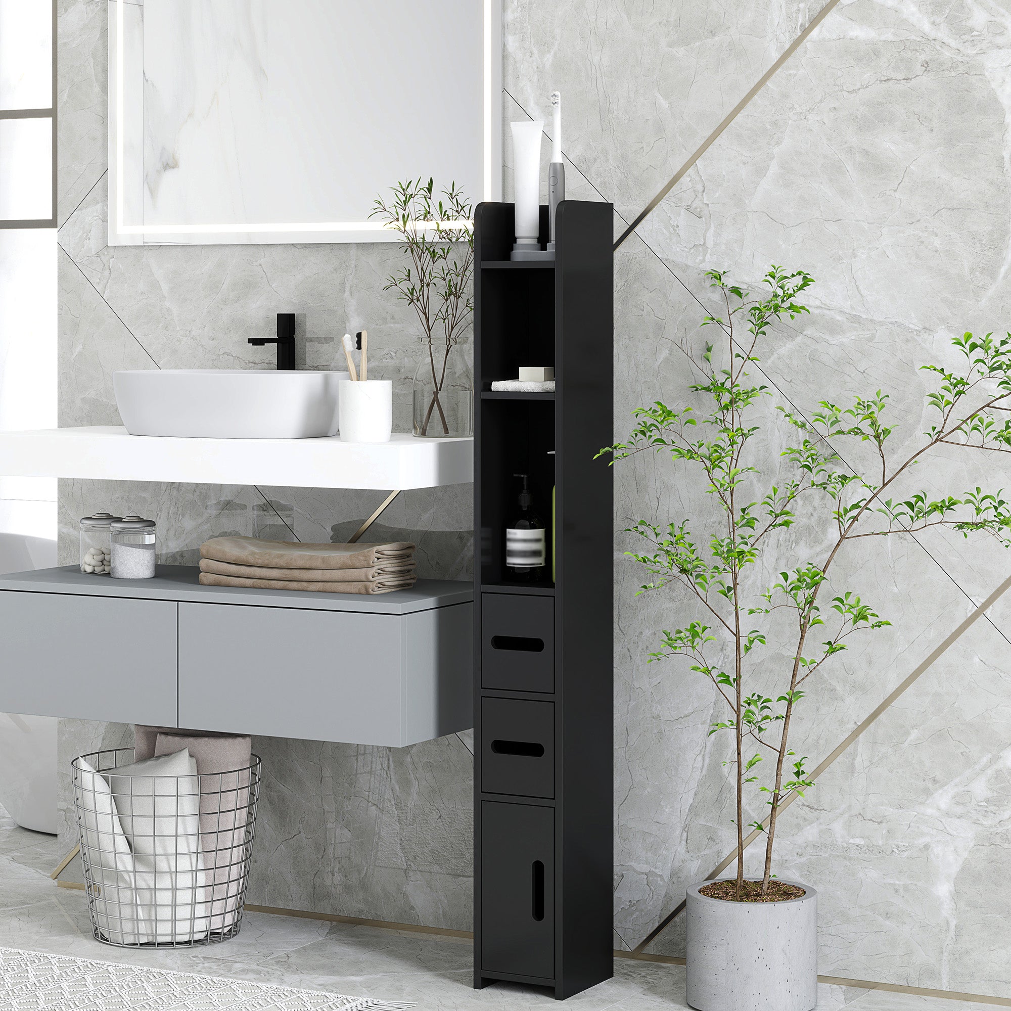 Mobile a colonna per bagno armadietto alto con ripiani e ante - 15 x 17 x 120 cm nero