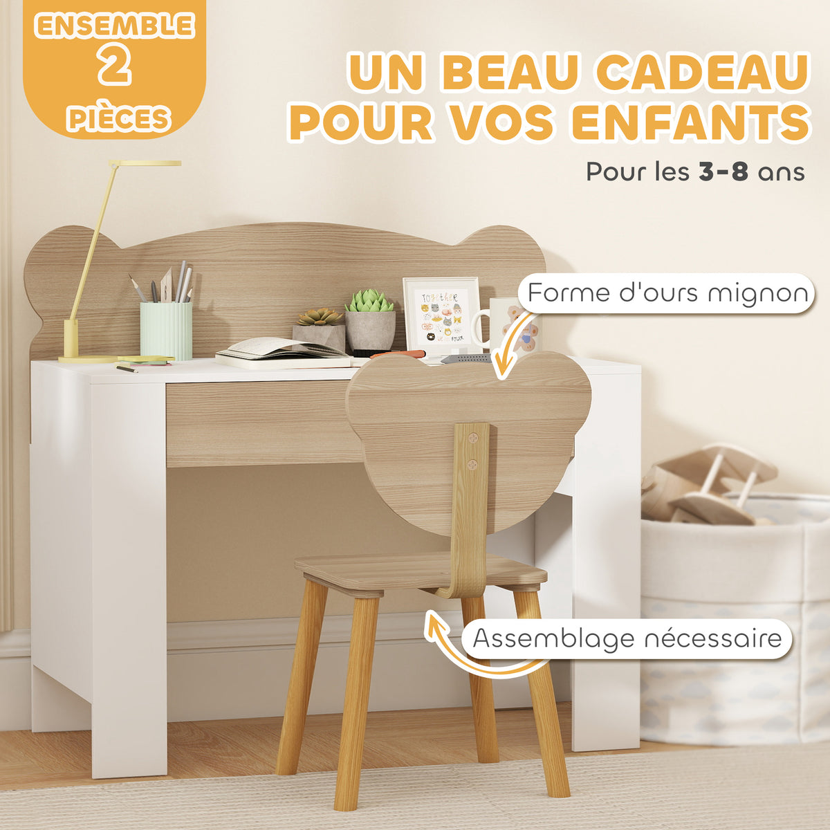Bureau enfant avec chaise, table enfant et chaise avec tiroir et large plateau, 80 x 41 x 74,5 cm, bois naturel