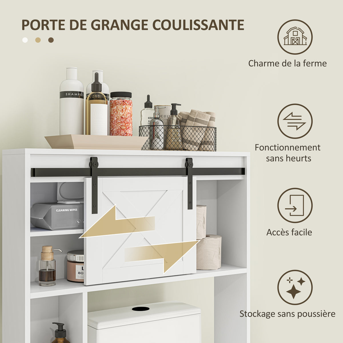 Meuble de rangement au-dessus des toilettes avec porte coulissante, Meuble étagère dessus WC, étagère réglable, blanc