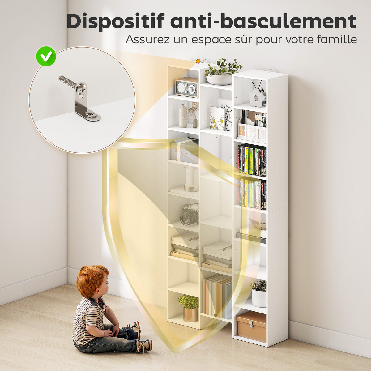 Bibliothèque, étagère à livres, étagère de rangement, 21 compartiments et 10 étagères réglables, 89,5x23,5x181cm, blanc